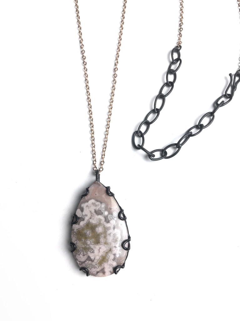 crazy lace agate necklace on rose gold and handmade black steel chain