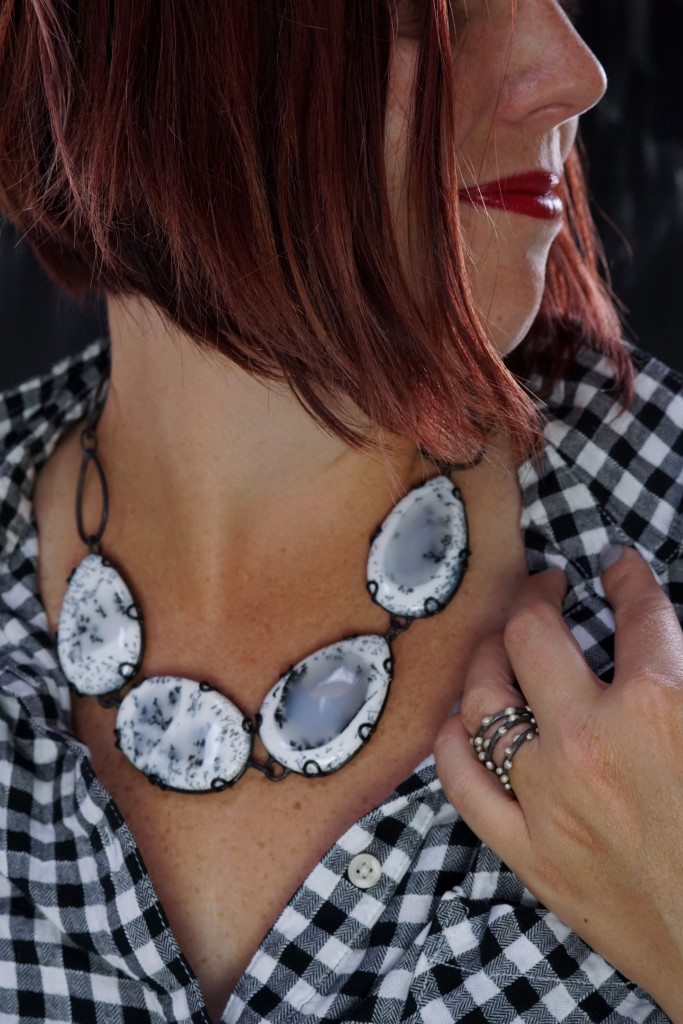 fall winter holiday style: black and white plaid shirt with black and white chunky gemstone statement necklace