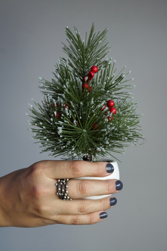 tiny faux christmas tree and handmade mixed metal stacking rings