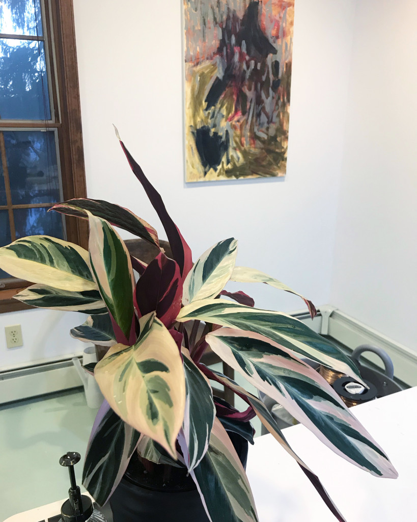 jewelry studio with plant, painting, and painted plywood floor