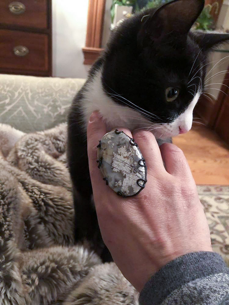 crazy lace agate gemstone statement ring with cat