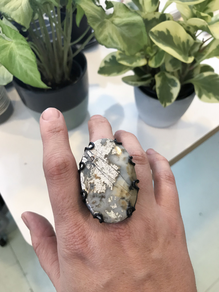 crazy lace agate gemstone statement ring with plants