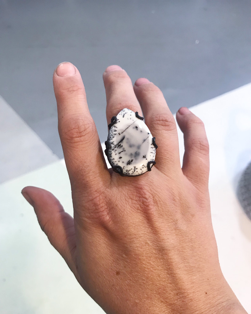 one of a kind handmade black and white dendritic opal gemstone statement ring