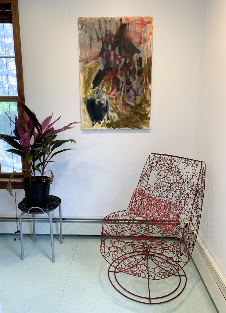 original art by megan auman - sculptural wire chair and abstract oil painting