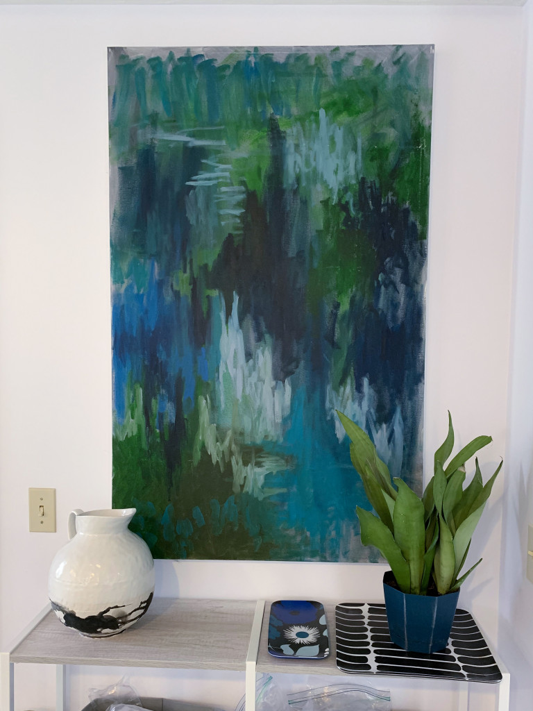 abstract oil painting by megan auman with plant and pitcher
