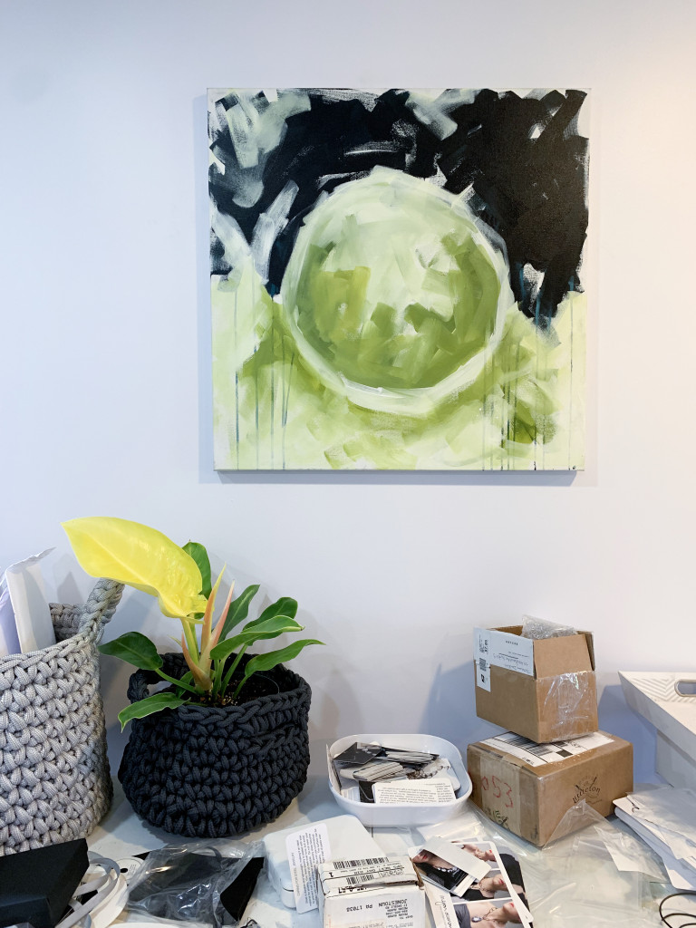 abstract painting over shipping station in artist and maker megan auman's studio