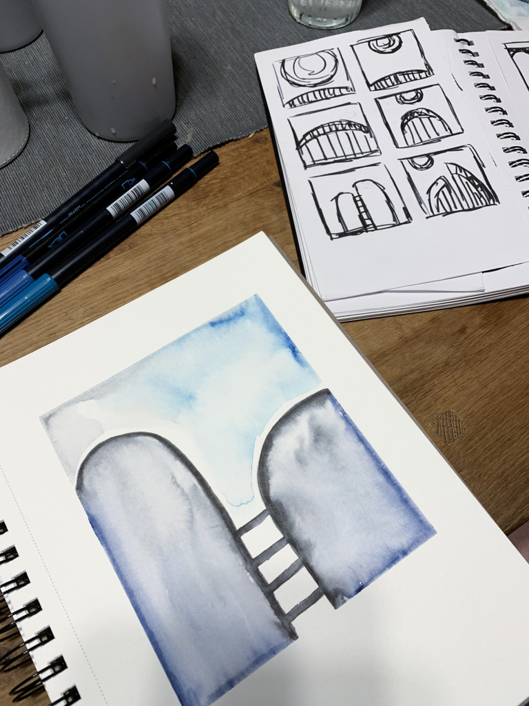 composition sketches and color studies in watercolor marker