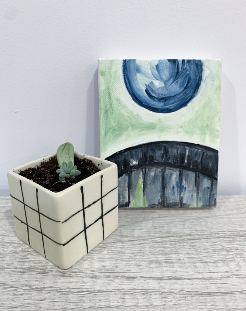 propagated succulent,  tiny ceramic planter, and tiny painting