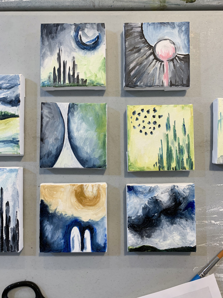 grouping of tiny wall art - abstract oil paintings by megan auman