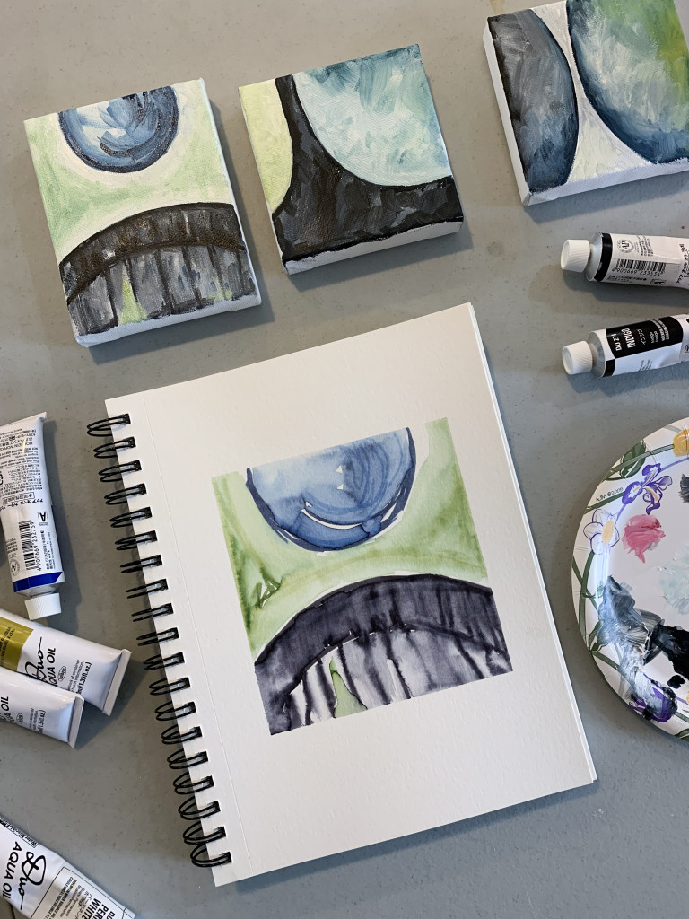 grouping of tiny wall art - abstract oil and watercolor paintings by megan auman