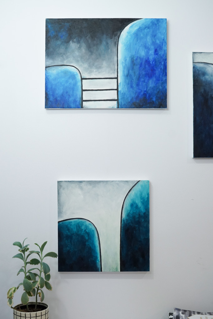 Original paintings by Megan Auman - bold graphic modern art for small spaces that explores the tension between connection and isolation 