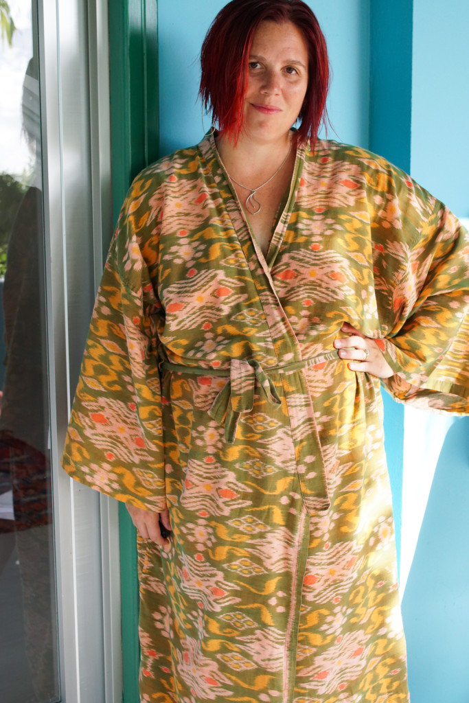 tropics vacation outfits: ikat kimono robe and silver jewelry