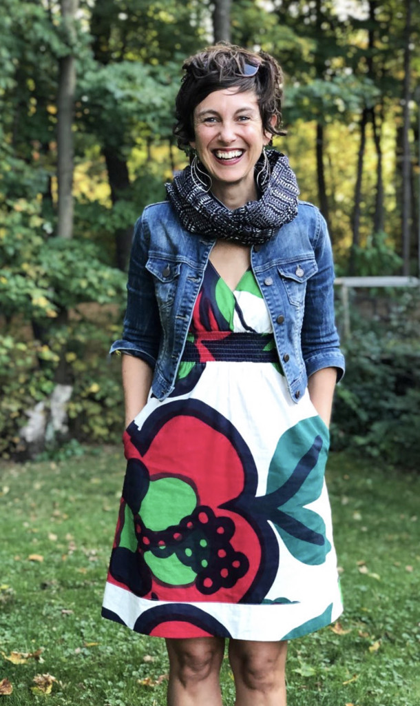 bold patterned dress and statement earrings