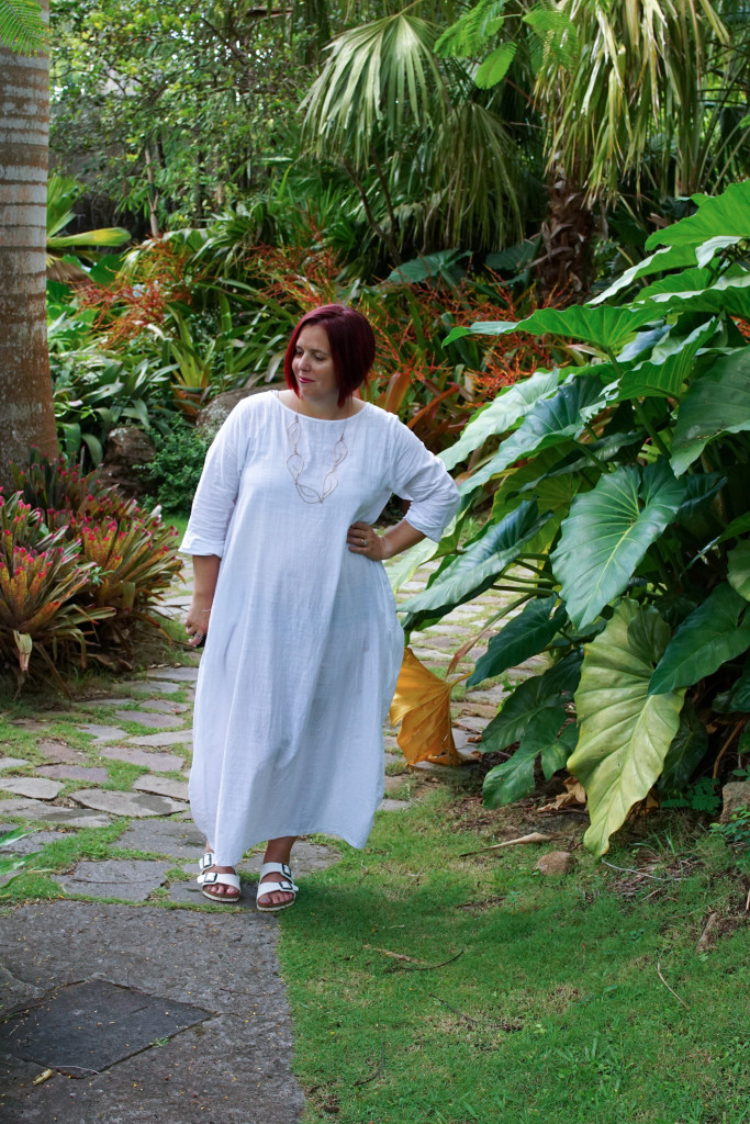 artist and metalsmith Megan Auman in the gardens of Golden Rock Inn Nevis, West Indies