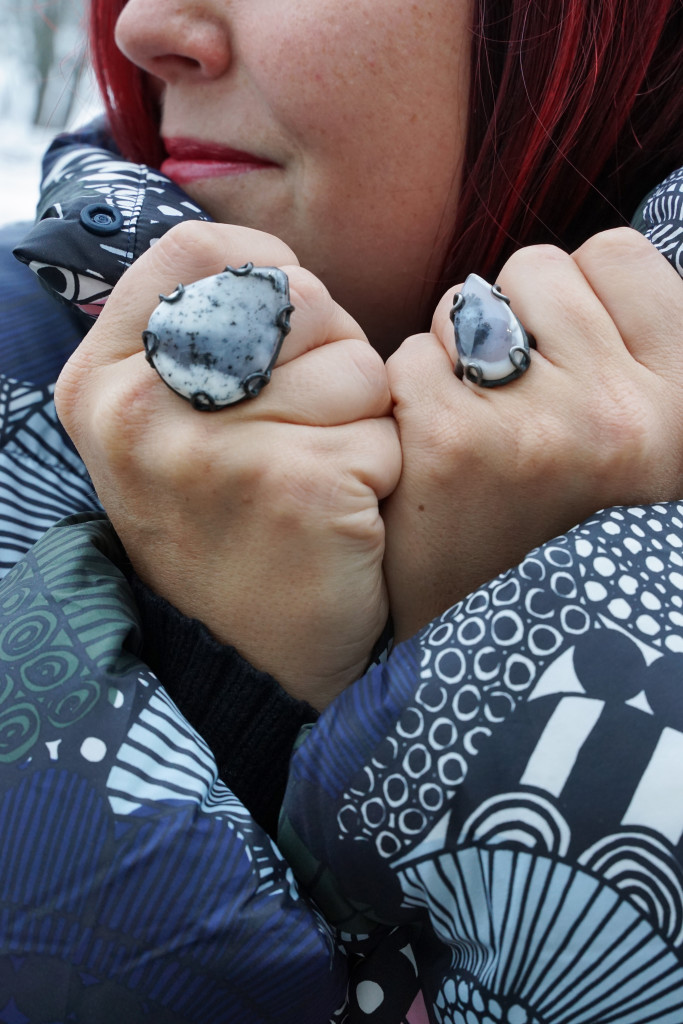 I love how well my one of a kind Contra Collection statement rings go with my new Marimekko for Uniqlo winter coat
