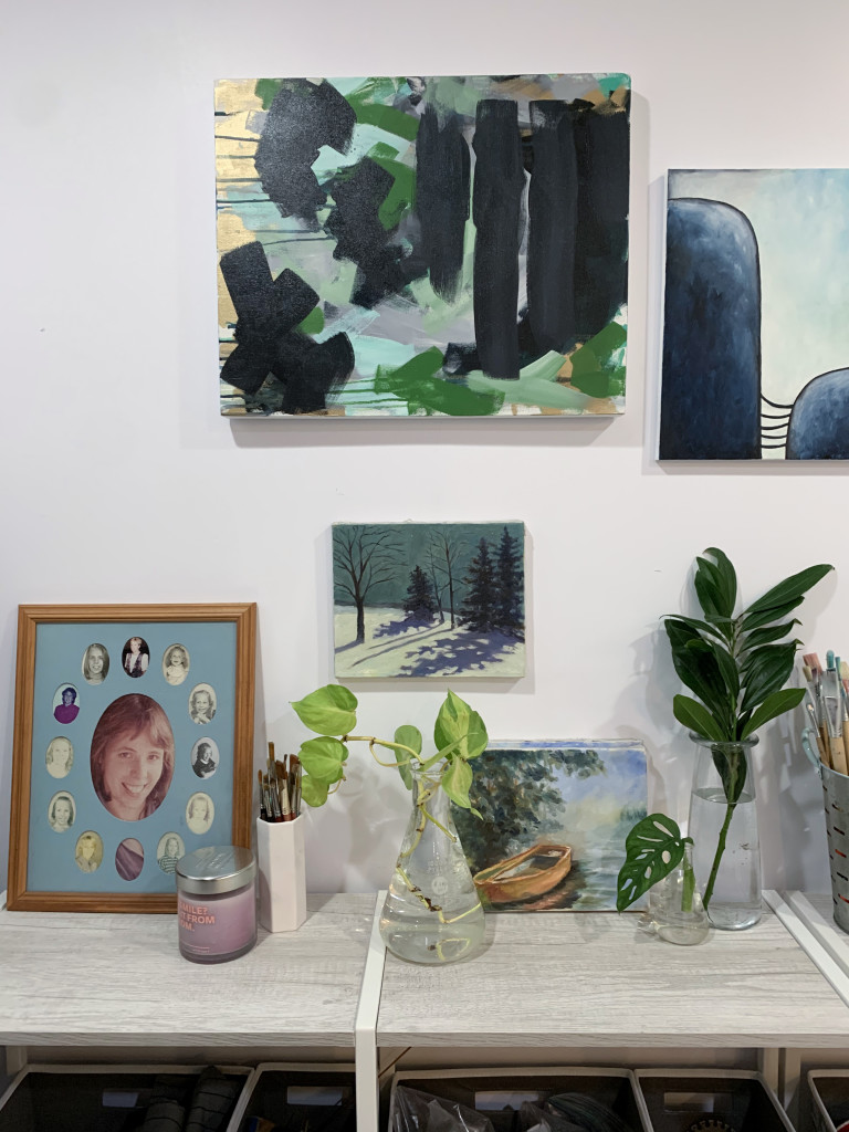 gallery wall detail with paintings and plants #shelfie #gallerywall