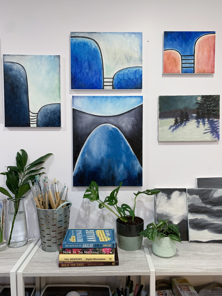 gallery wall detail with paintings and plants #shelfie #gallerywall