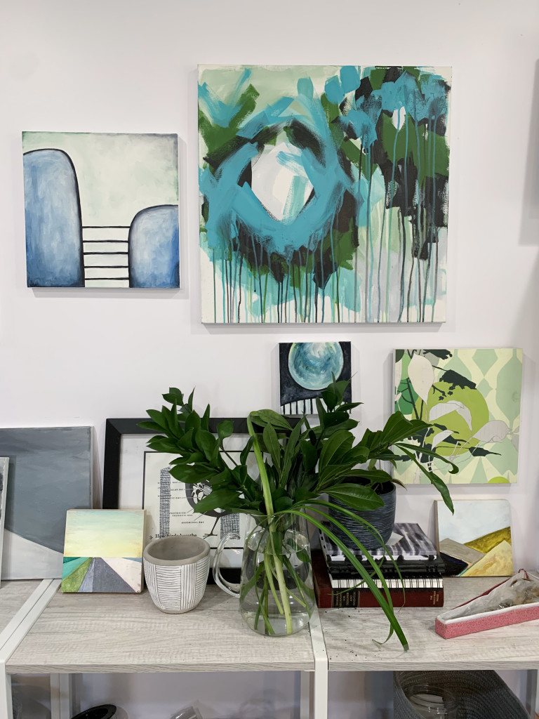 gallery wall detail with paintings and plants #shelfie #gallerywall