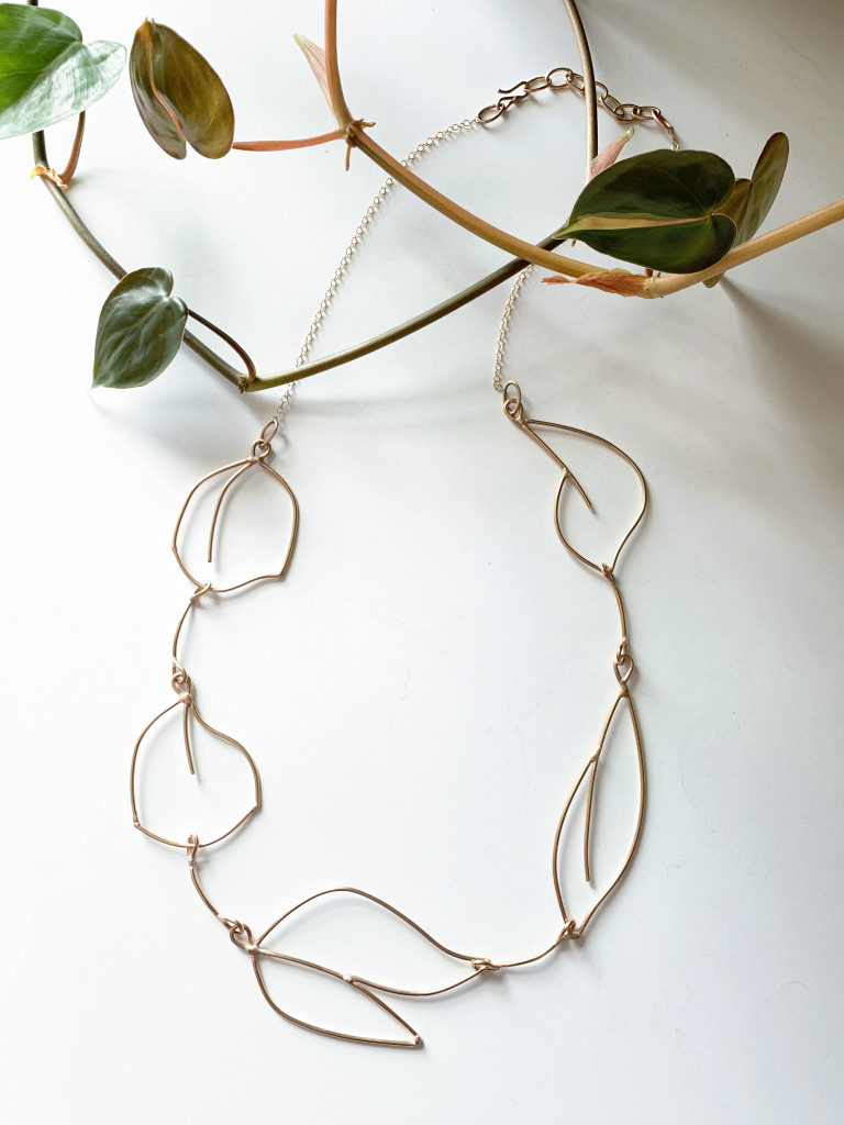 art jewelry: bronze botanical necklace with philodendron brasil