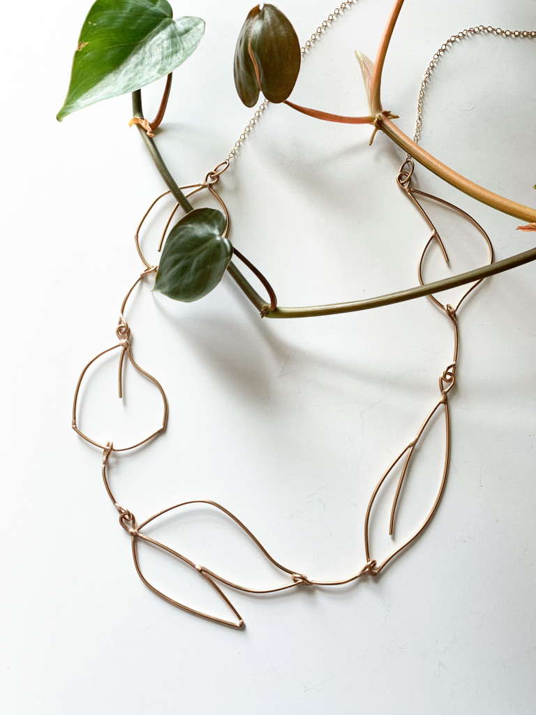 art jewelry: bronze botanical necklace with philodendron brasil