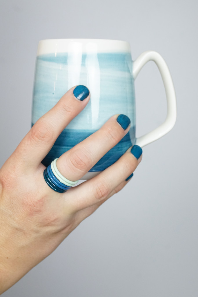 shades of blue: handmade mug and blue stacking rings