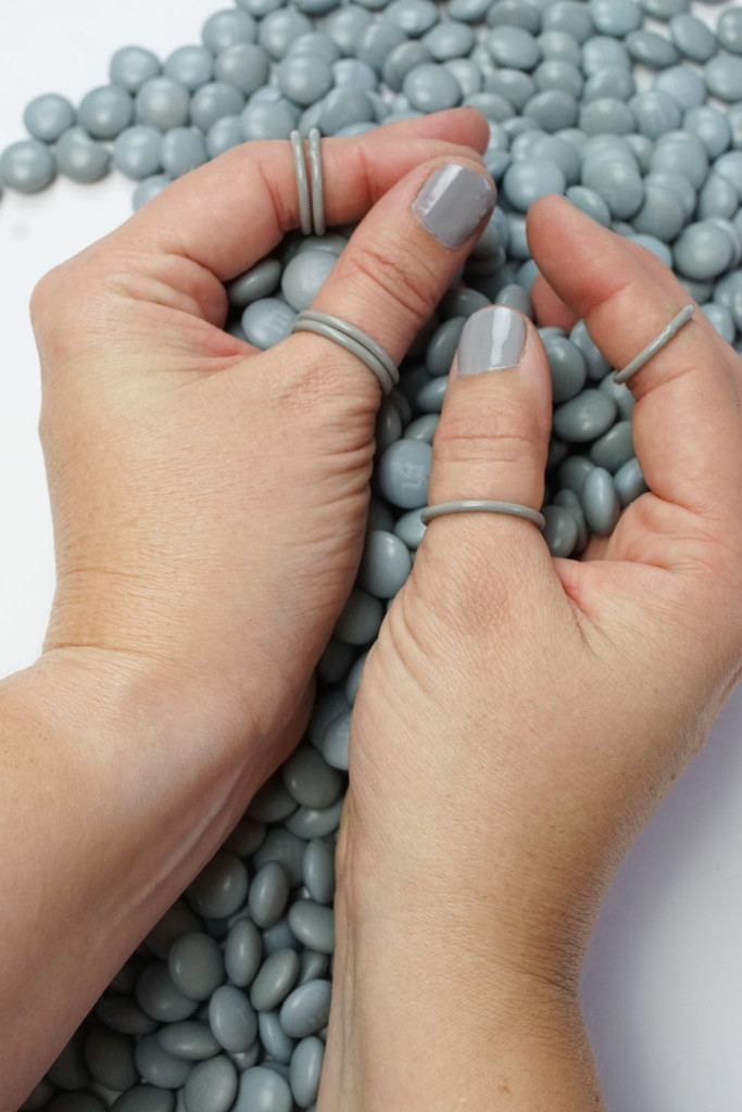 grey stacking rings and grey M&Ms