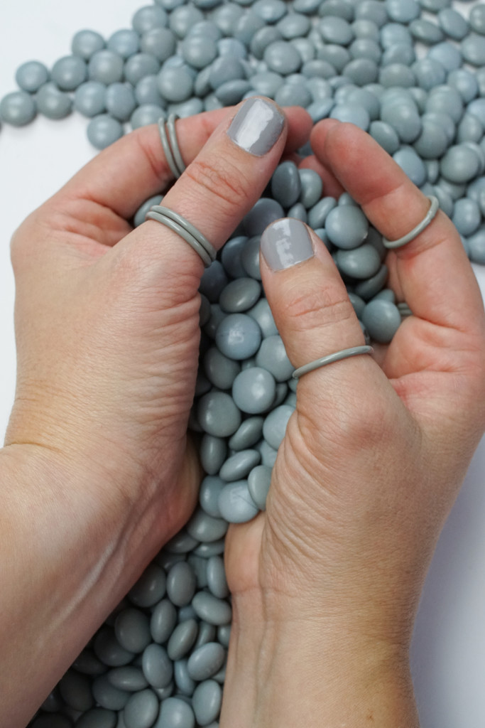gray stacking rings with gray M&Ms