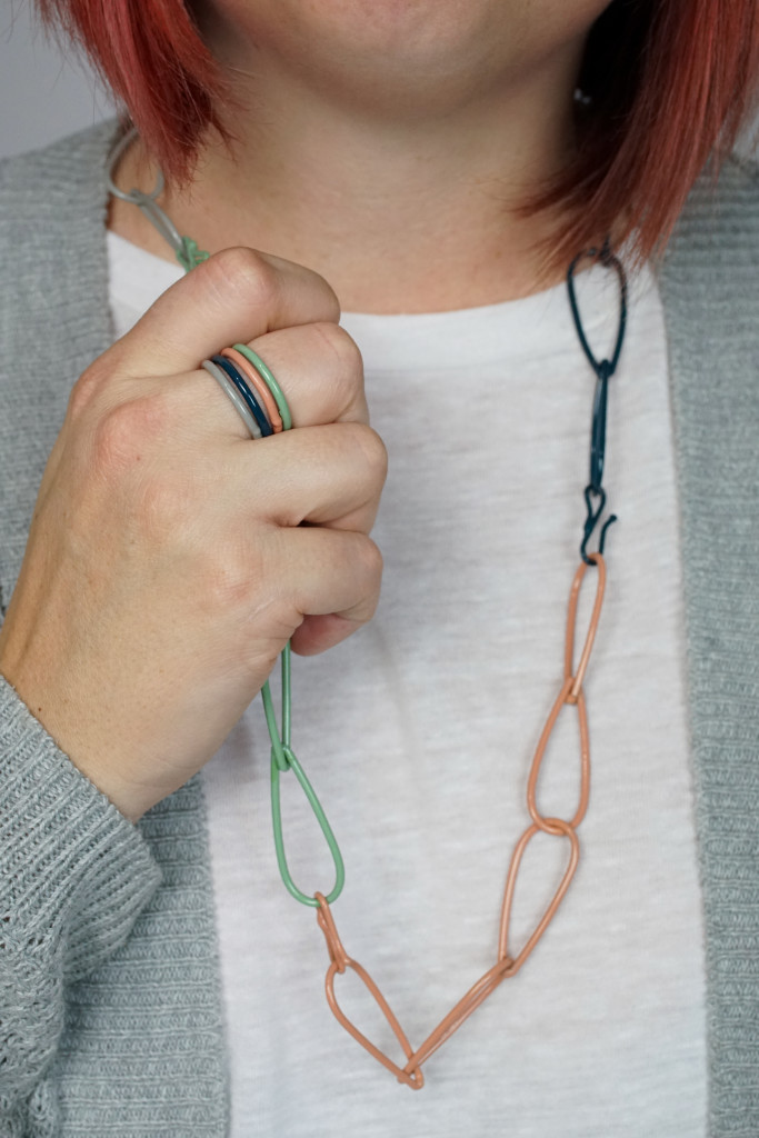 modern colorful jewelry - long chain necklace and stacking rings