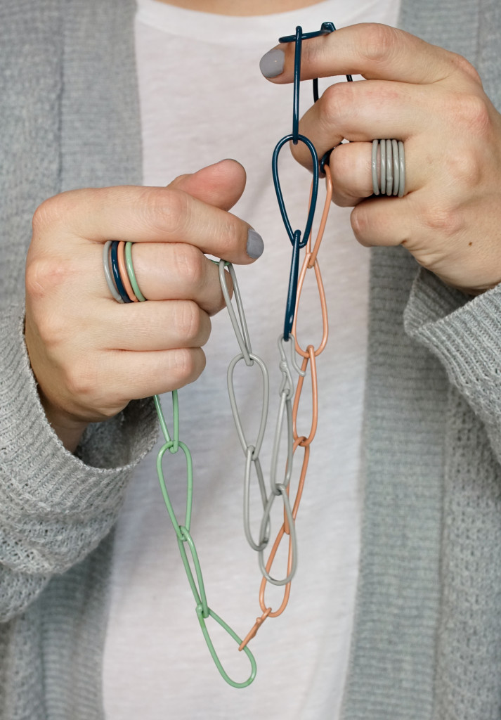 modern colorful jewelry - long chain necklace and stacking rings