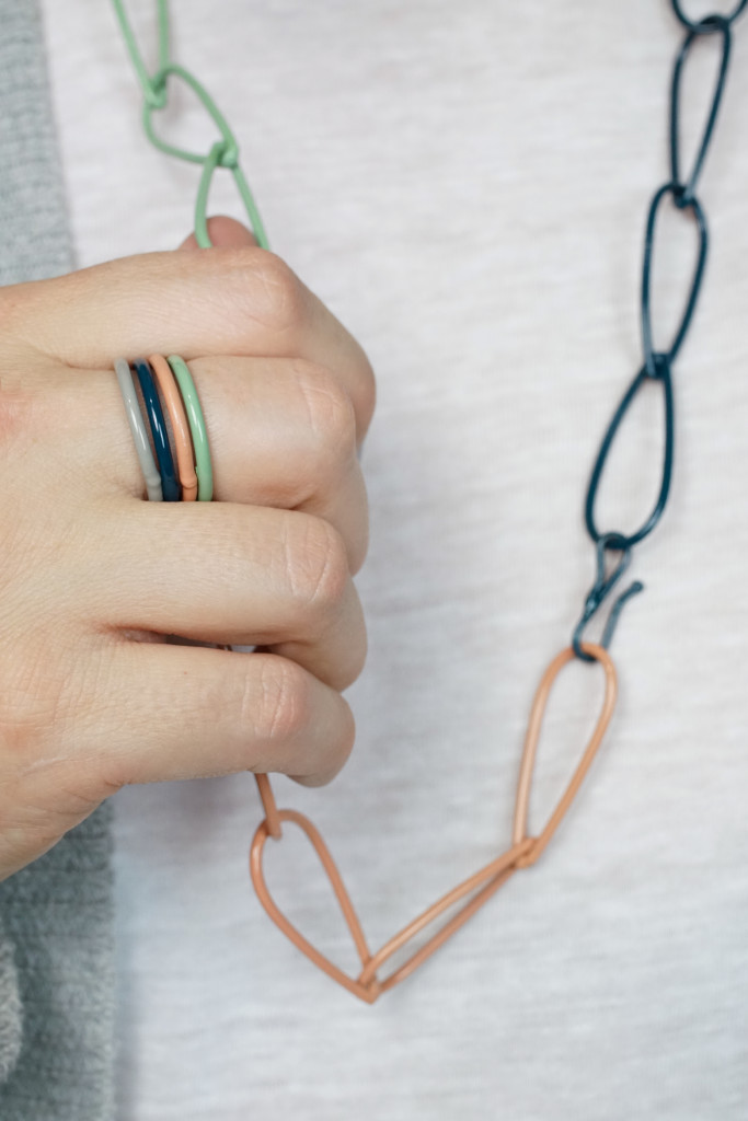 modern colorful jewelry - long chain necklace and stacking rings