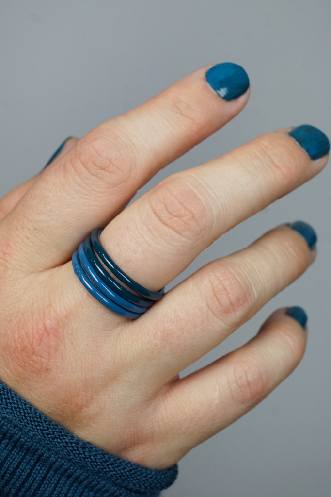 colorful jewelry: blue and dark teal stacking rings