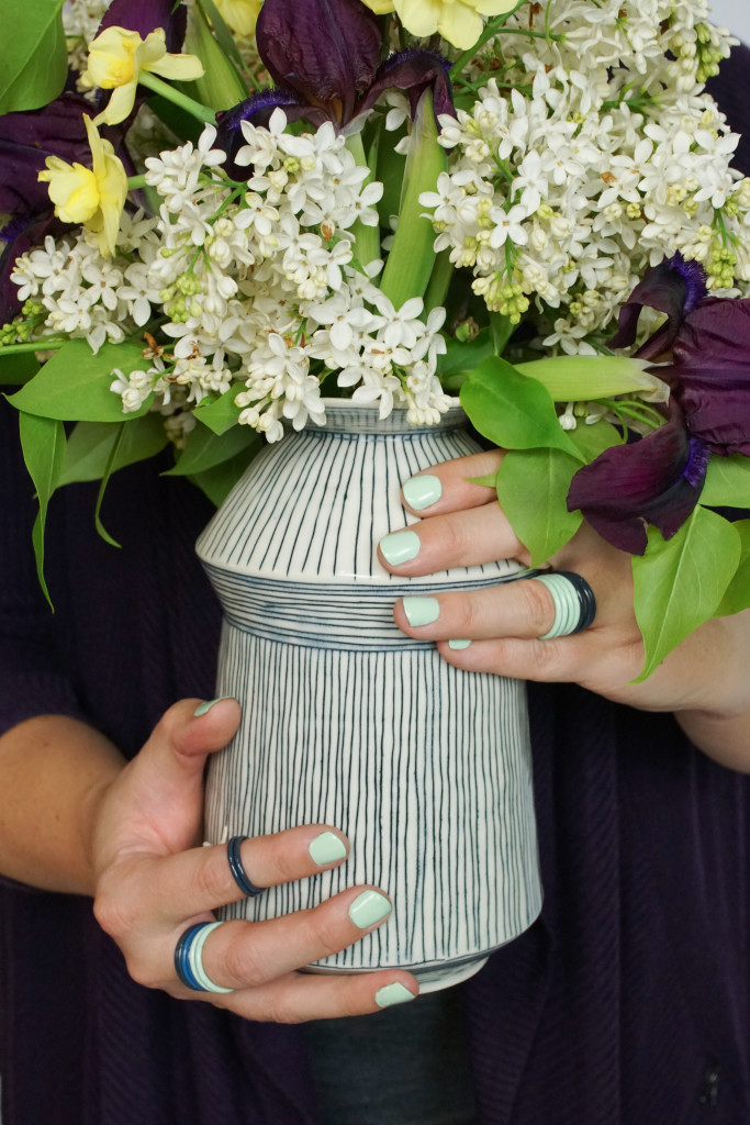 handmade ceramic vase with spring florals and stacking rings