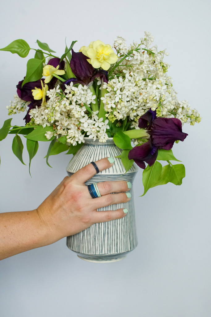 handmade ceramic vase with spring florals and stacking rings