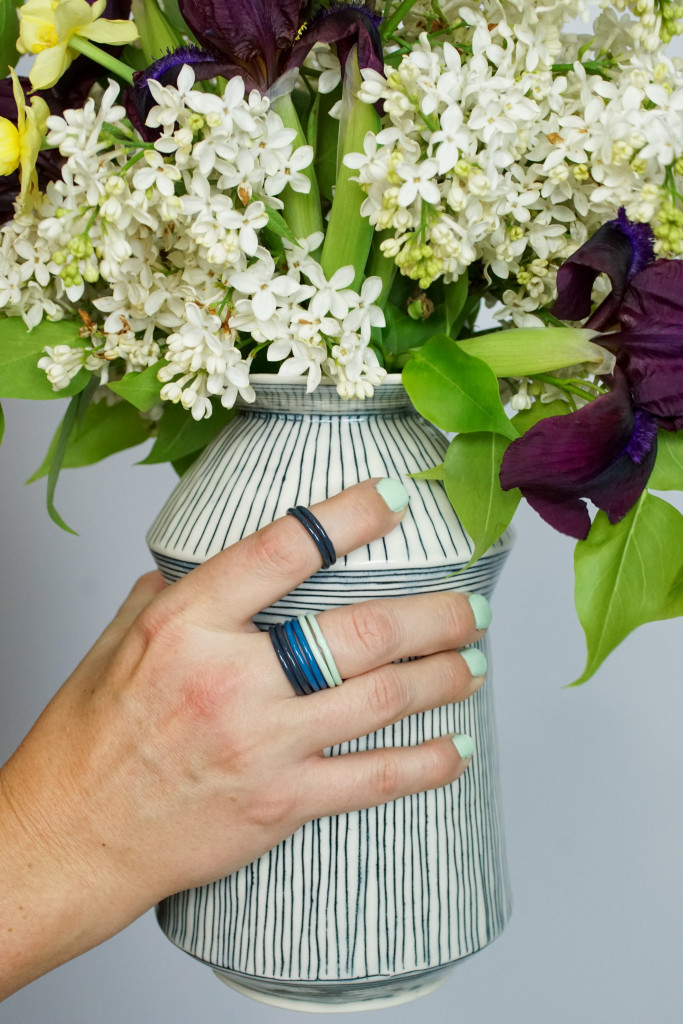 handmade ceramic vase with spring florals and stacking rings