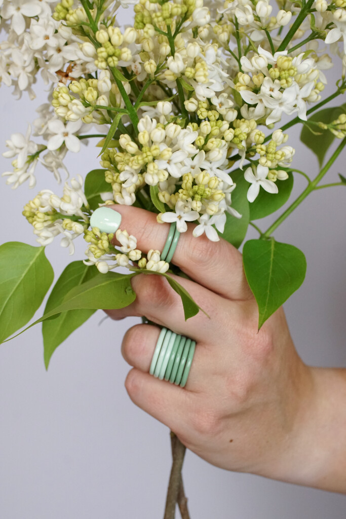 lilacs and green stacking rings