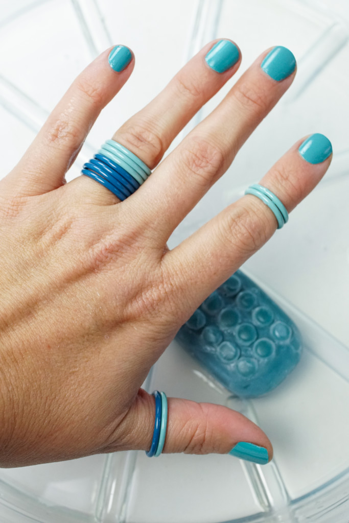 colorful blue stacking rings that stand up to regular hand washing