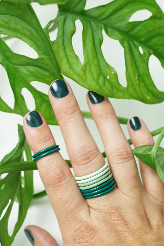 green stacking rings and monstera adansonii leaves