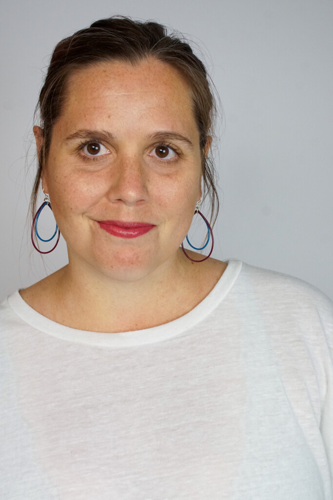 burgundy and blue handmade statement earrings with white t-shirt