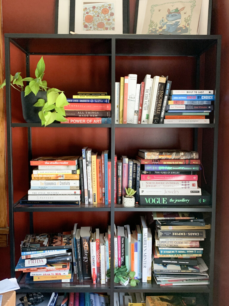 bookshelves of artist, designer, metalsmith, teacher, and entrepreneur Megan Auman 