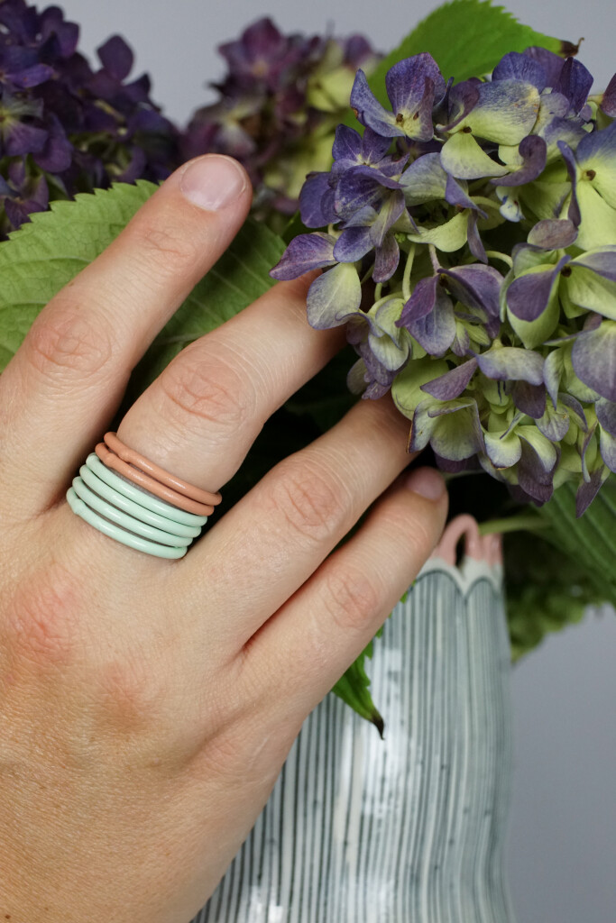 hydrangeas, a handmade vase, and stacking rings