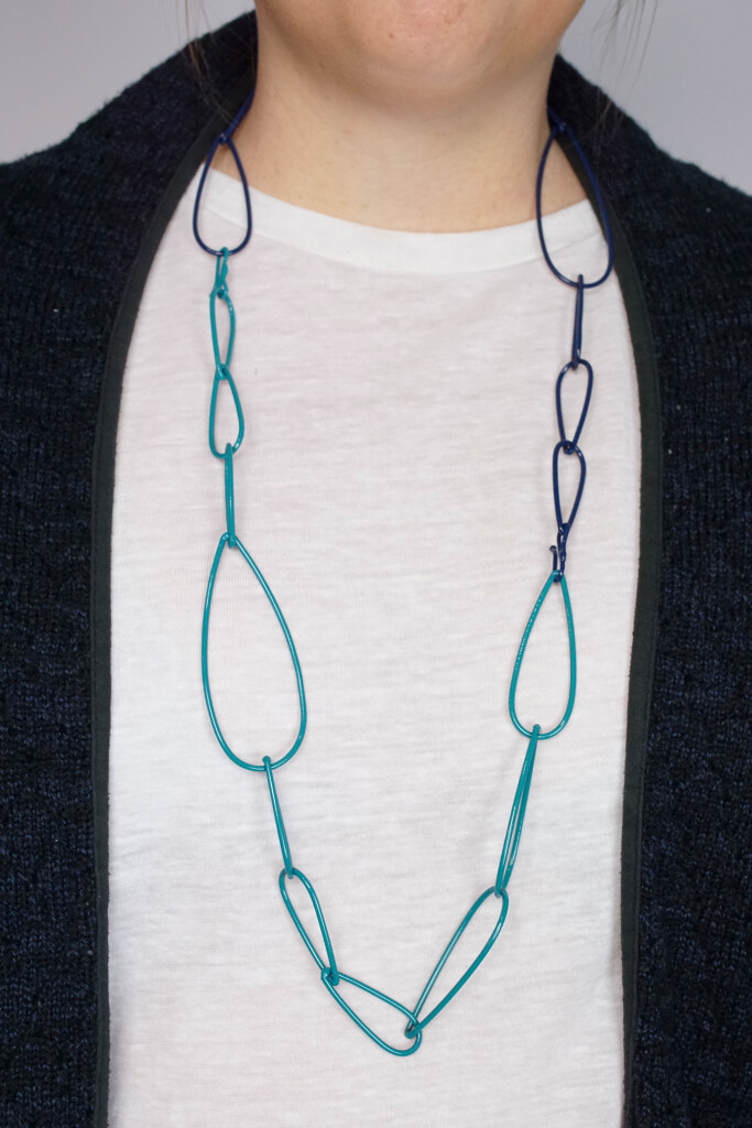 work from home style: layered teal and dark blue chunky chain necklaces by designer and metalsmith Megan Auman