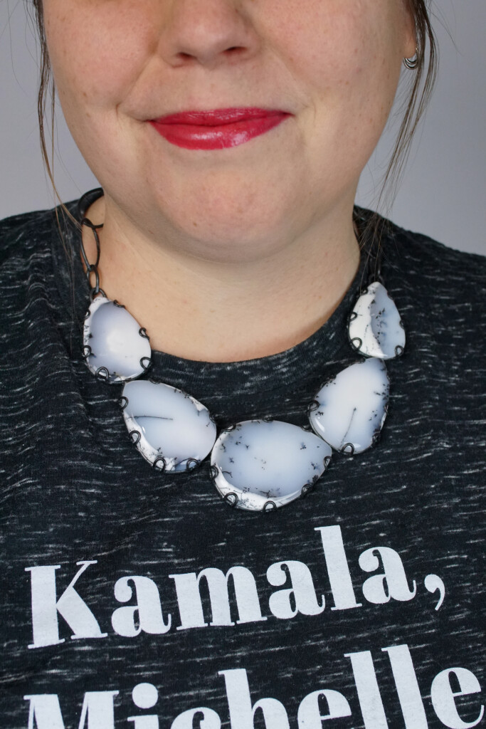 white gemstone statement necklace and kamala, michelle, elizabeth, ruth t-shirt