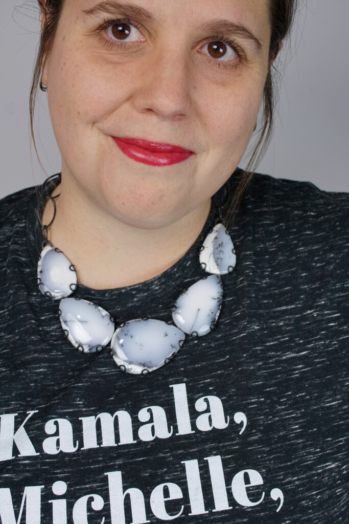 white gemstone statement necklace and kamala, michelle, elizabeth, ruth t-shirt