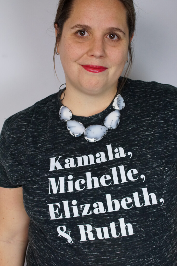 white gemstone statement necklace and kamala, michelle, elizabeth, ruth t-shirt