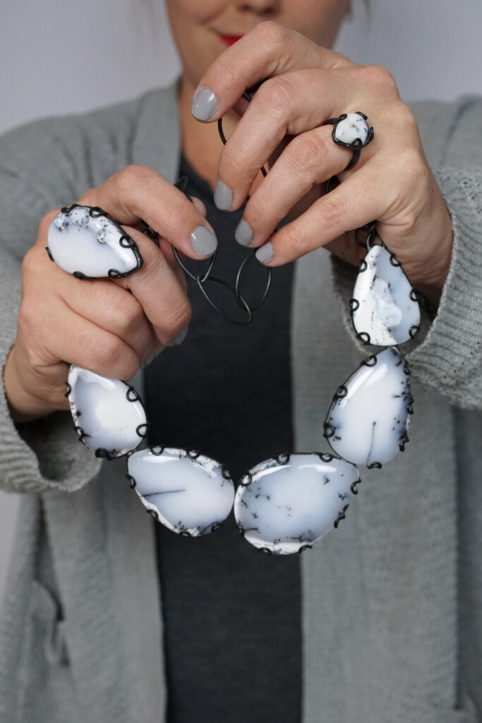 black and white gemstone statement necklace and statement rings handcrafted by metalsmith megan auman