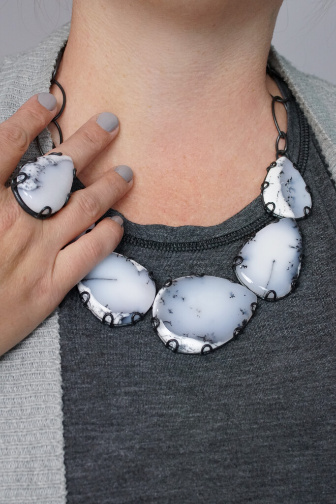 black and white gemstone statement necklace and statement rings handcrafted by metalsmith megan auman