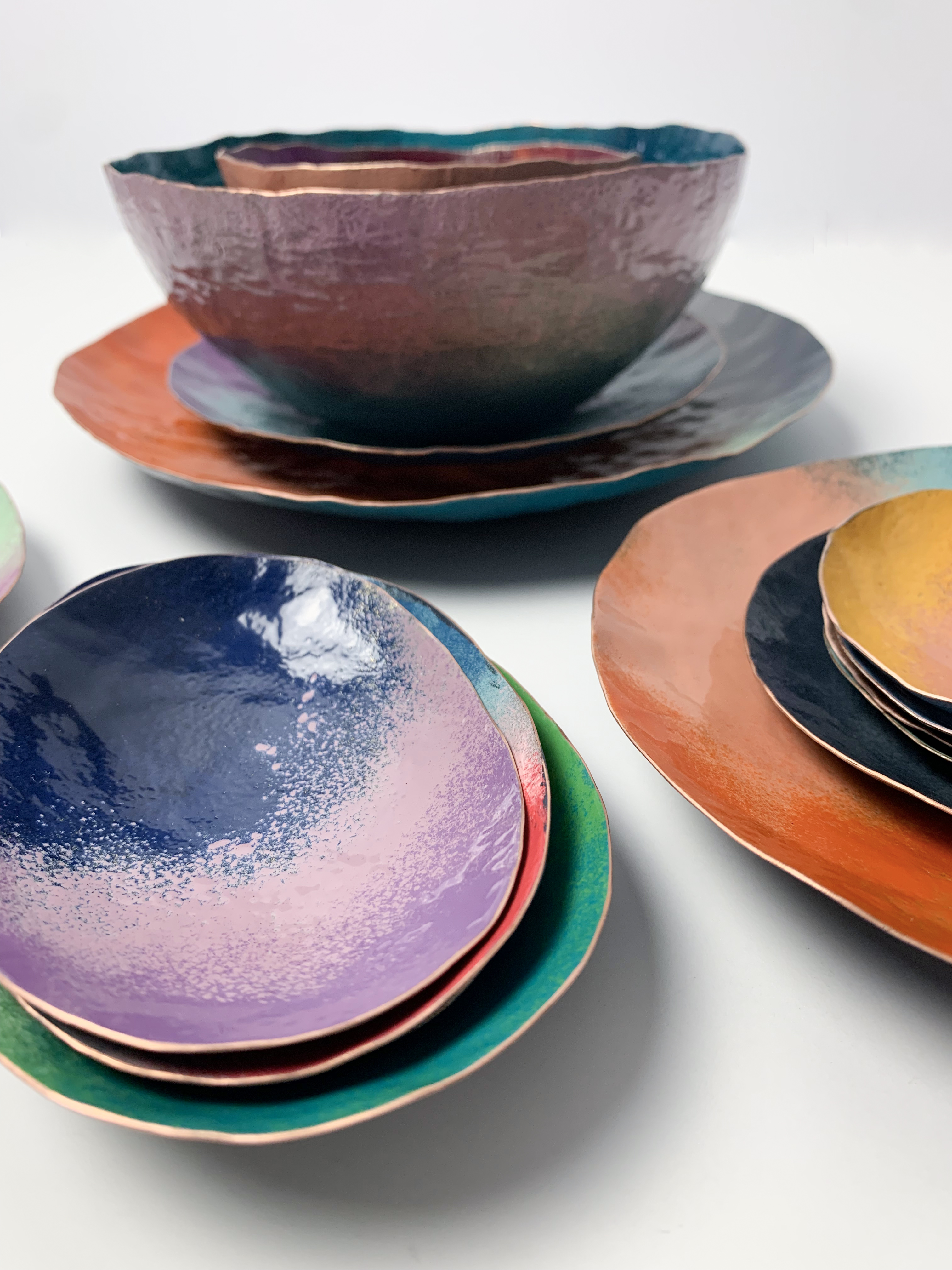 colorful decorative metalwork - powder coated copper bowls with raw organic edge