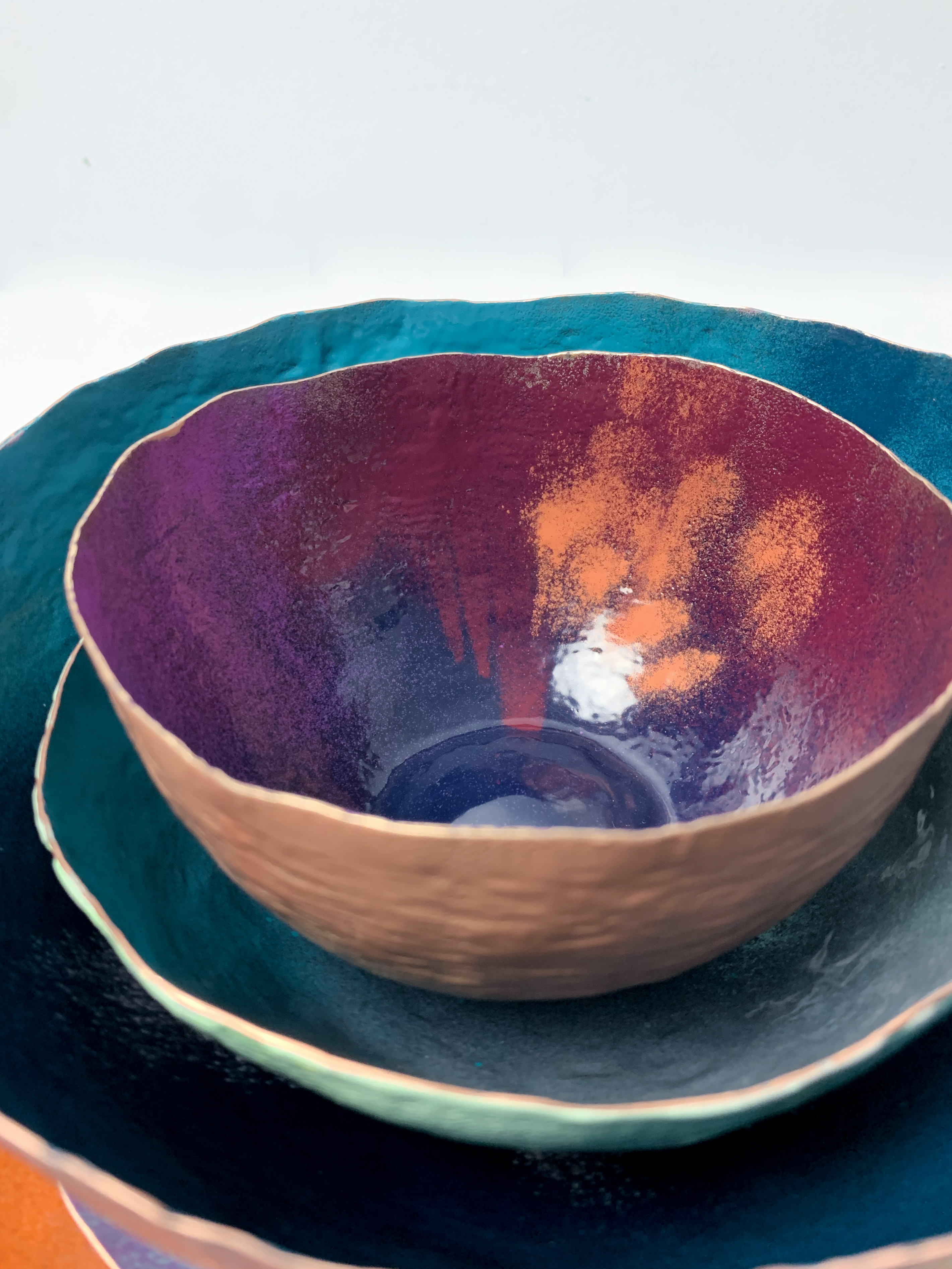 colorful decorative metalwork - powder coated copper bowls with raw organic edge