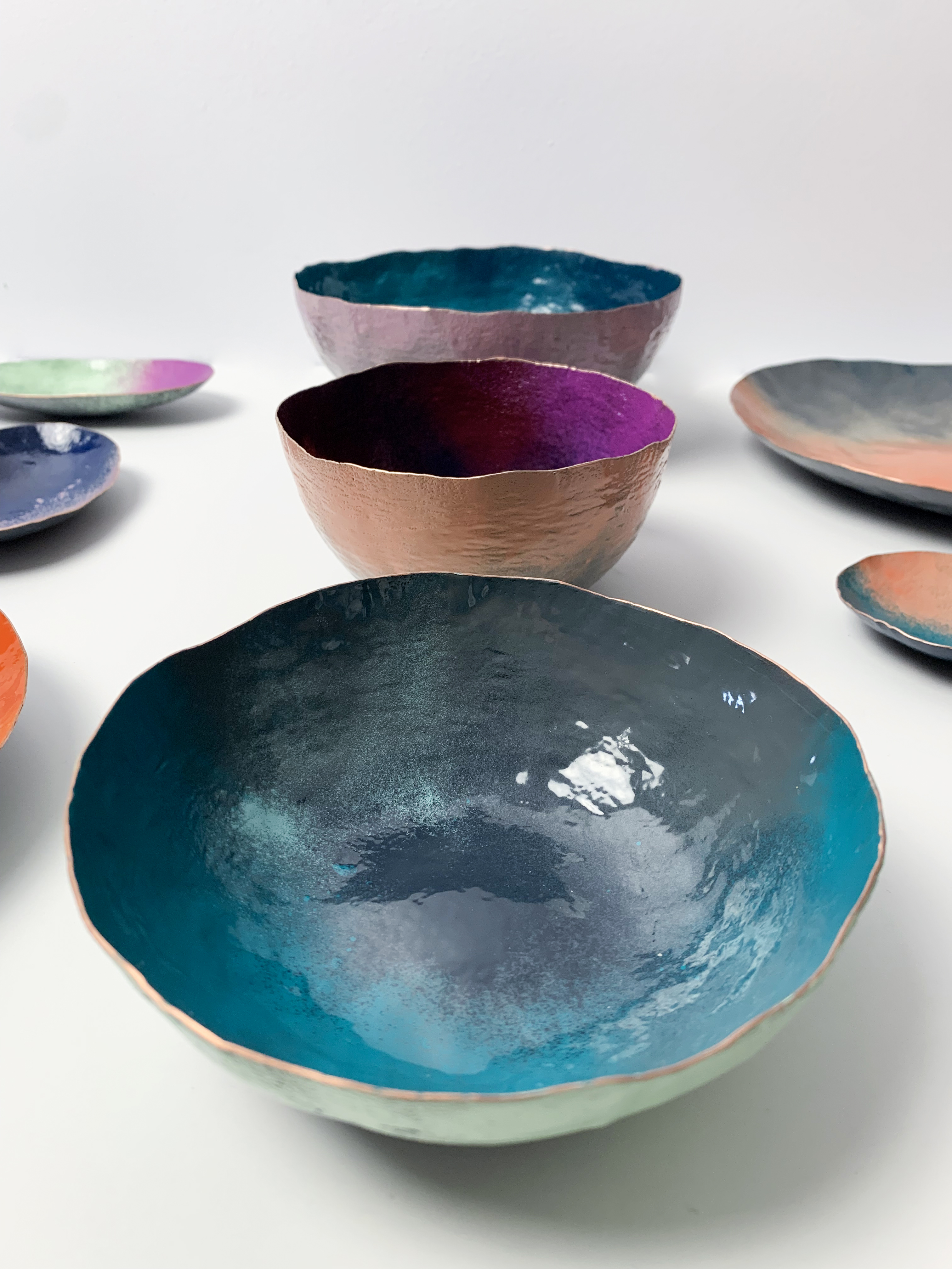 colorful decorative metalwork - copper and powdercoated bowls by metalsmith megan auman