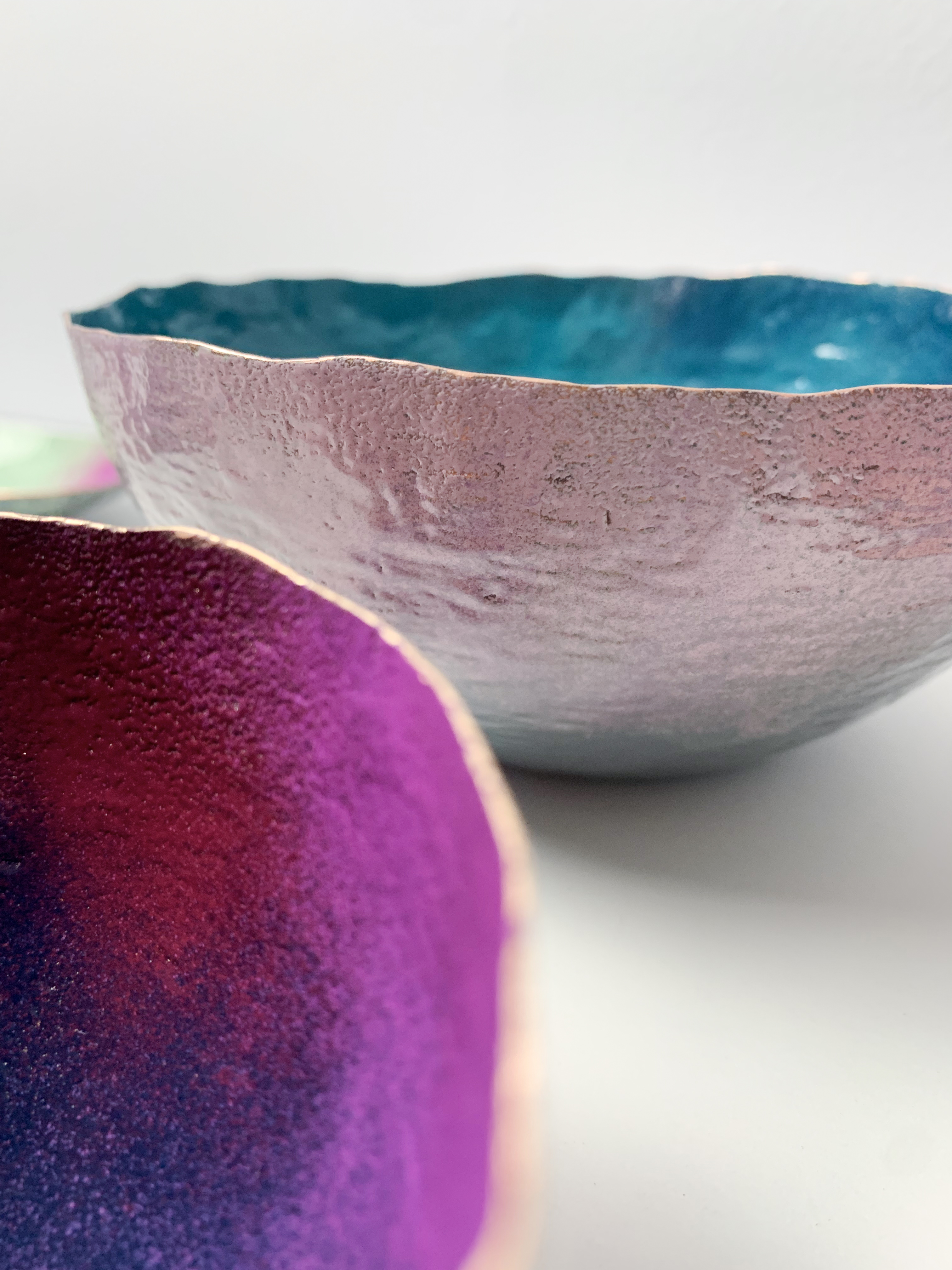 colorful decorative metalwork - copper and powdercoated bowls by metalsmith megan auman